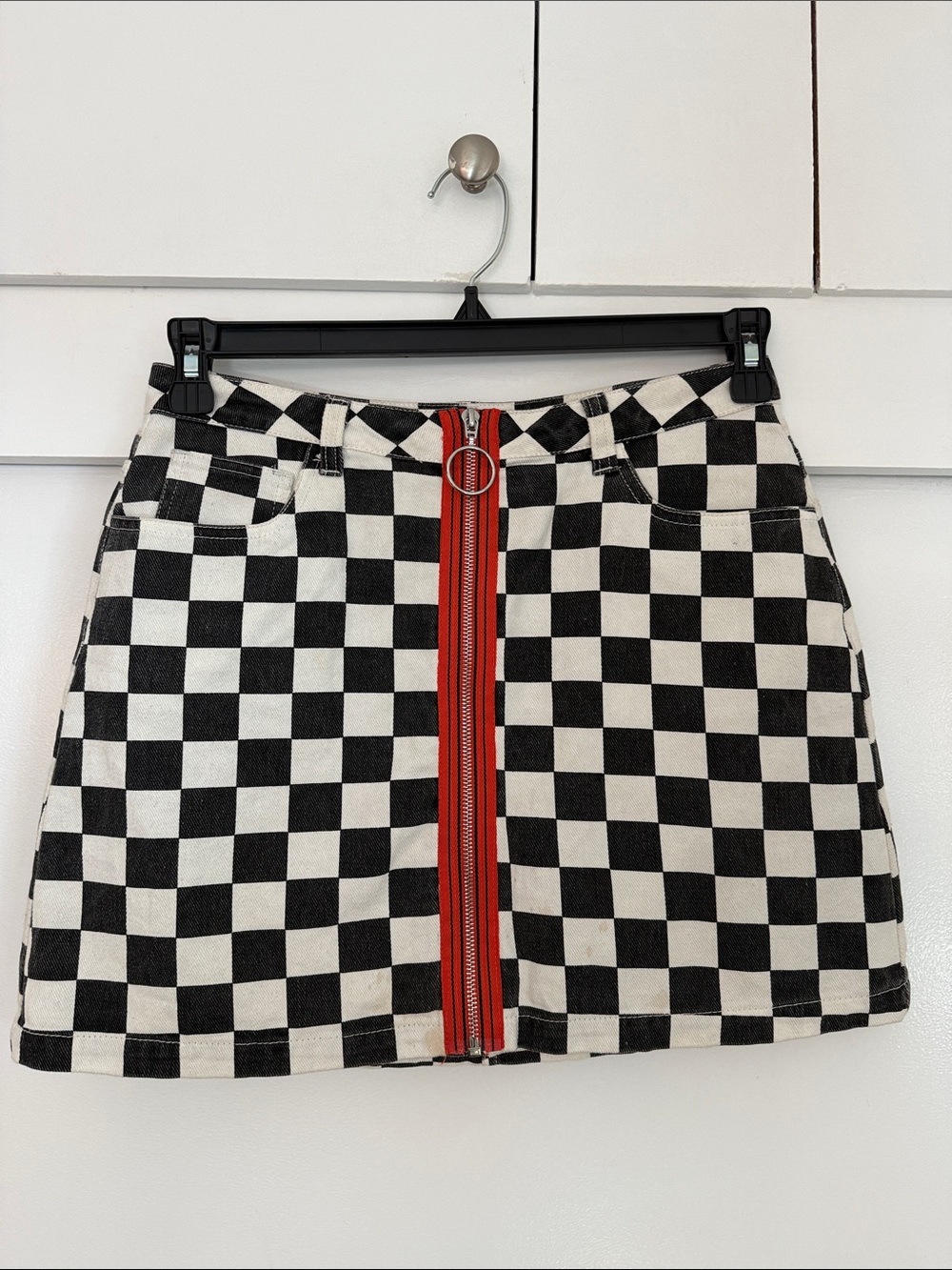 Checkerboard Mini Skirt with Orange Red Front Zipper